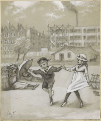 Dansende jongen en meisje in een stadspark of speeltuin by Felix Hess