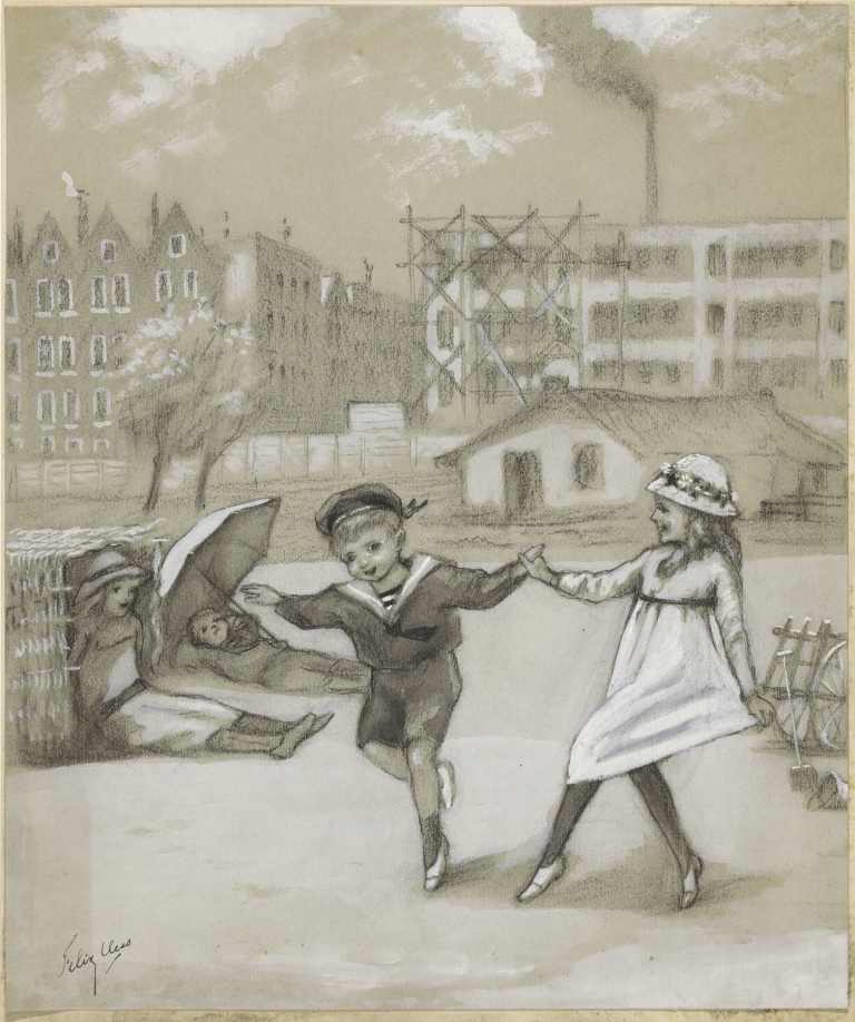Dansende jongen en meisje in een stadspark of speeltuin by Felix Hess