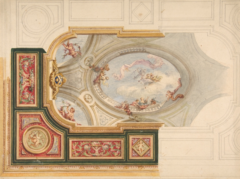 Design for a ceiling in Baroque style with a central panel in trompe l’oeil by Jules-Edmond-Charles Lachaise