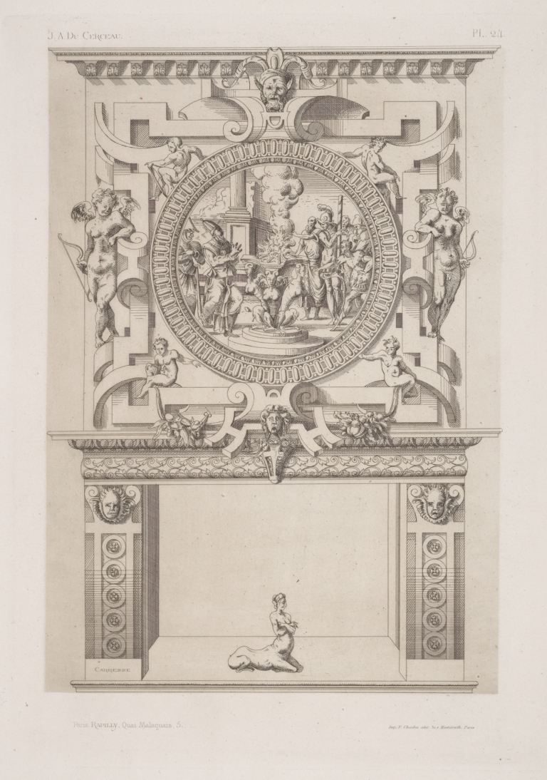Design for a chimney piece with roundel of group surrounding a fire, possibly a religious ceremony by André-Charles Boulle