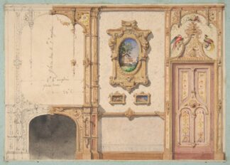 Design for the decoration of a wall punctuated by a fireplace and a door and hung with gold-framed pictures by Jules-Edmond-Charles Lachaise