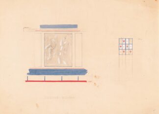 Design for unidentified restaurant interior in blue and vermillion with mural featuring 2 female nudes and panel with tulip inserts.] [Drawing for ‘Dining Room’ by Winold Reiss