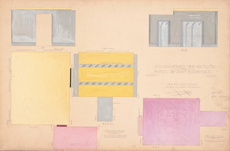 Designs for Modern Hotel Suite, Du Pont Biltmore Hotel, Wilmington, Delaware.] Colour chart for Suite 210 by Winold Reiss
