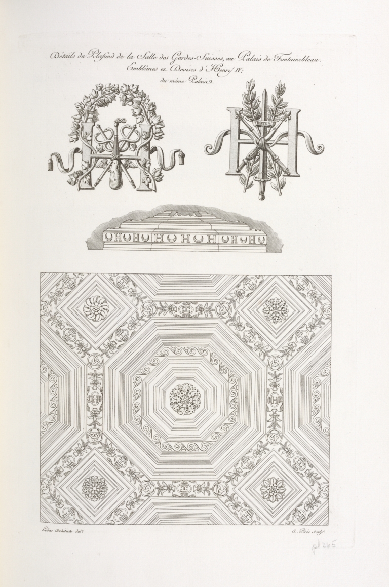 Détails du plafond de la salle des gardes-suisses, au palais de Fontainebleau. Emblêmes de dessins d’Henry IV; du même palais by Nicolas Xavier Willemin