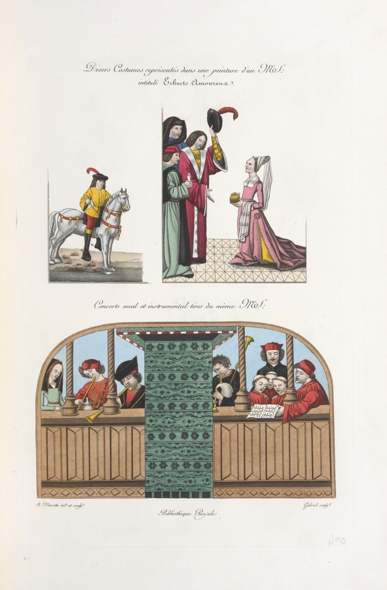 Divers costumes représentés dans une peinture d’un MS. intitulé echects amoureux; concerts vocal et instrumental tirés du même MS. by Nicolas Xavier Willemin