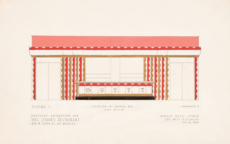 Drawings for proposed decorations of Mike Lyman’s Restaurant, 424 W. Sixth St. Los Angeles, CA.] [Scheme 1; elevation – K – showing bar by Winold Reiss