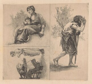 Drie voorstellingen met menselijke figuren. by Johannes Josephus Aarts