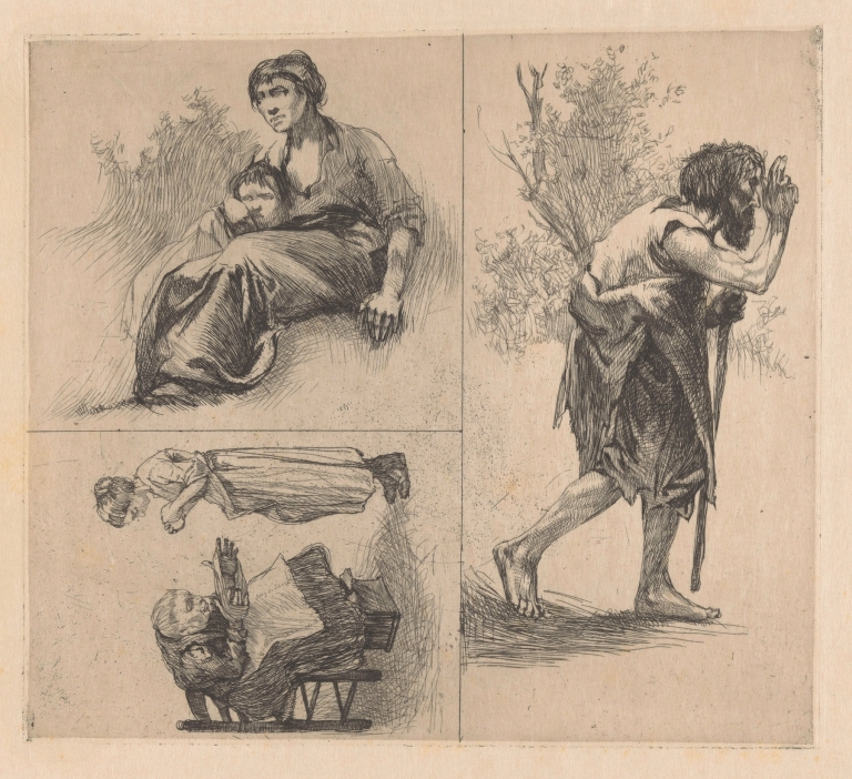 Drie voorstellingen met menselijke figuren. by Johannes Josephus Aarts
