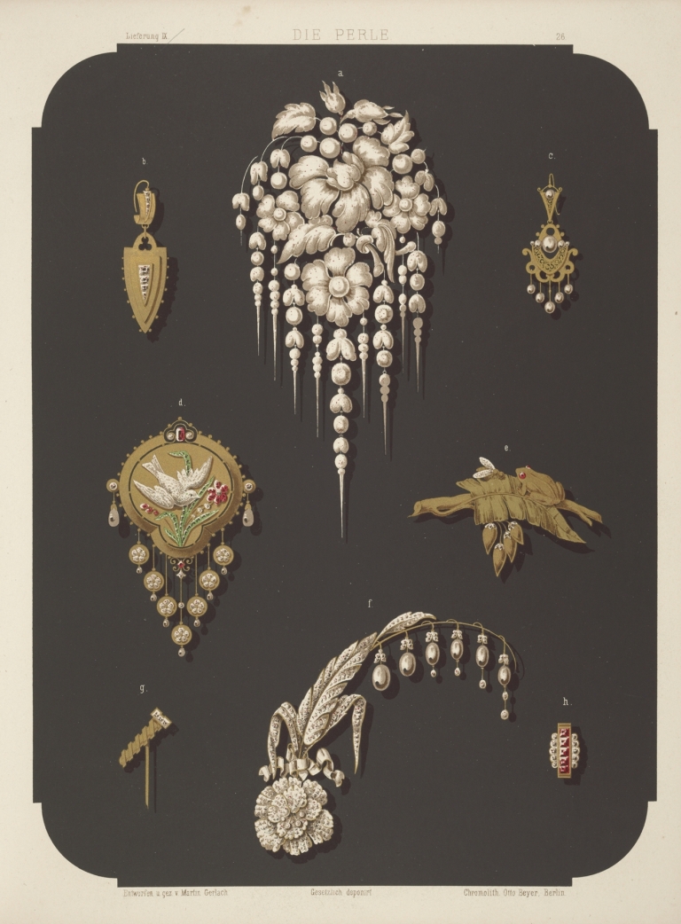 Eight Designs For Jewelry, Including Large Pin With Pearls And Flowers. by Martin Gerlach