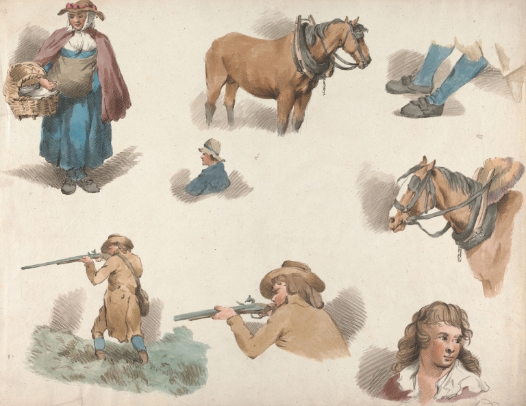 Eight studies; Woman with Basket, Blinkered Cart Horse, etc. by George Morland