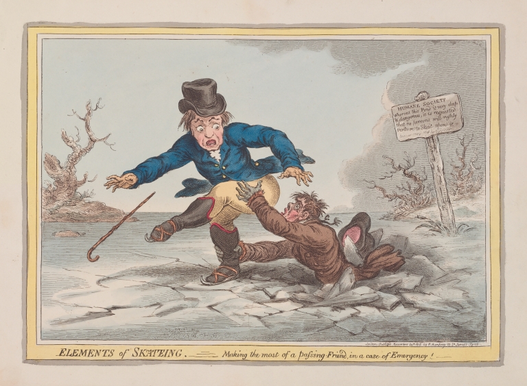 Elements of skateing. Making the most of a passing friend in a case of emergency!. by James Gillray