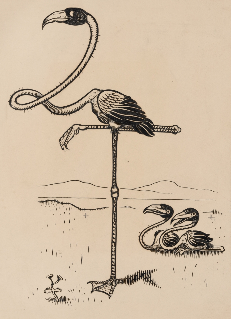 Eleven comic strip frames of flamingo shaping figures with its long neck Pl.4 by Franklin Morris Howarth