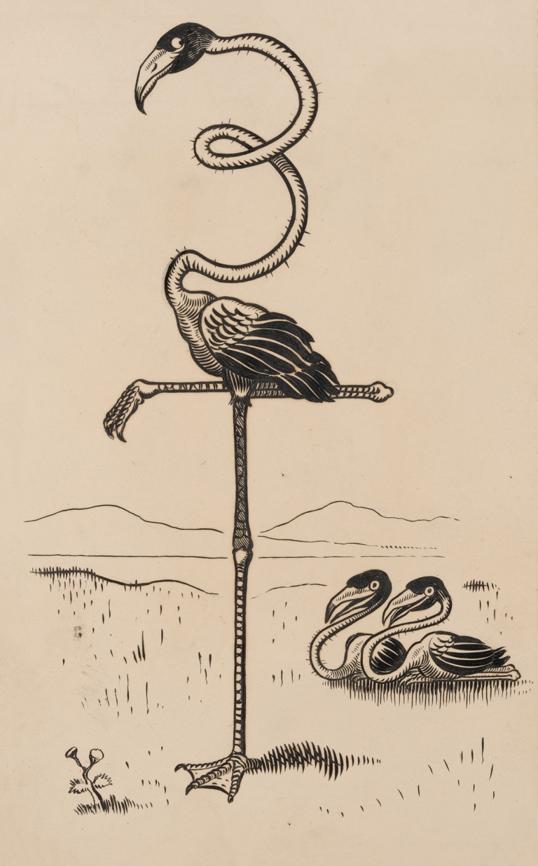Eleven comic strip frames of flamingo shaping figures with its long neck Pl.5 by Franklin Morris Howarth