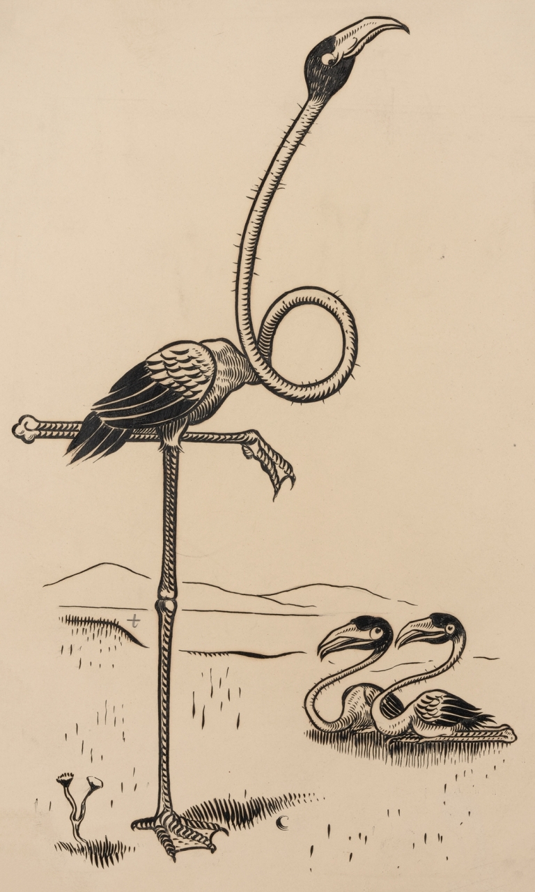 Eleven comic strip frames of flamingo shaping figures with its long neck Pl.8 by Franklin Morris Howarth