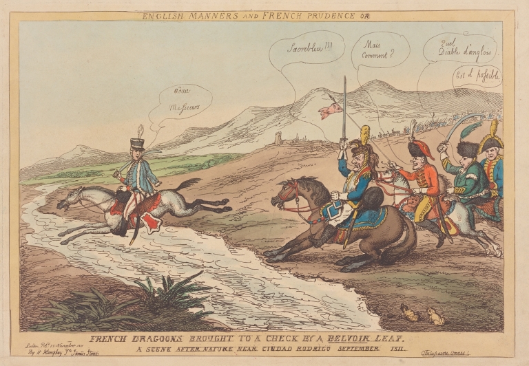 English Manners and French prudence or French dragoons brought to a check by a Belvoir leap. A scene after nature near Ciudad Rodrigo September 1811 by Thomas Rowlandson