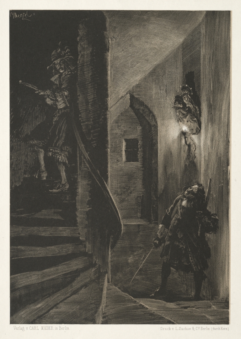 Essay on Stone with Brush and Scraper; Chase on the Winding Staircase by Adolph von Menzel
