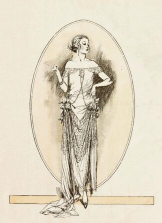 Evening gown of rose mousse-line and silver lace, caught up with yellow rosses on the hip by Anonymous