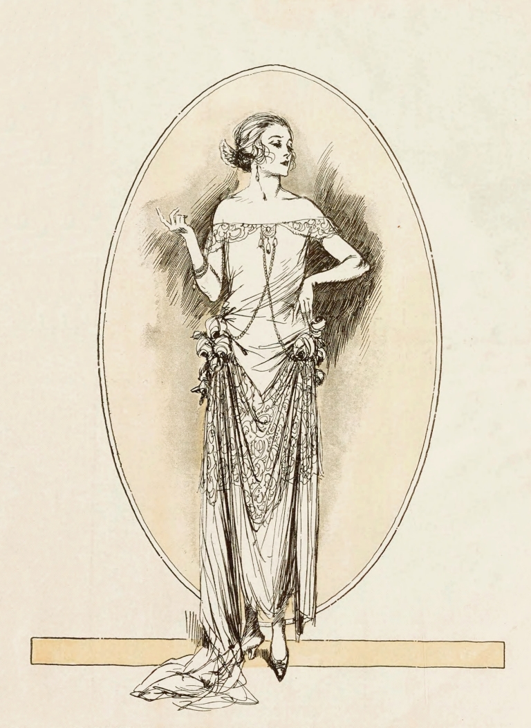 Evening gown of rose mousse-line and silver lace, caught up with yellow rosses on the hip by Anonymous