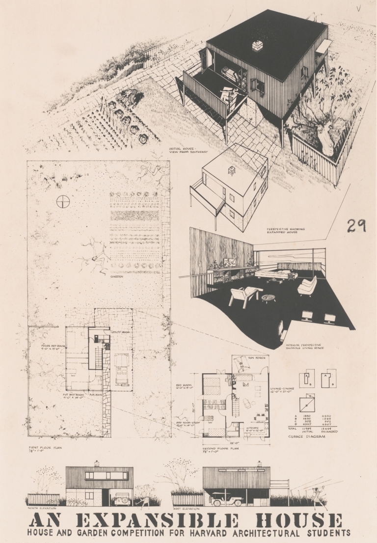 Expansible house, Plans, elevations, and perspectives by Victor Alfred Lundy