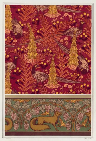 Faisans ordinaires, digitales, fougères et pissenlit, étoffe imprimée. Renard, oiseaux et vigne, bordure. by Maurice Pillard Verneuil