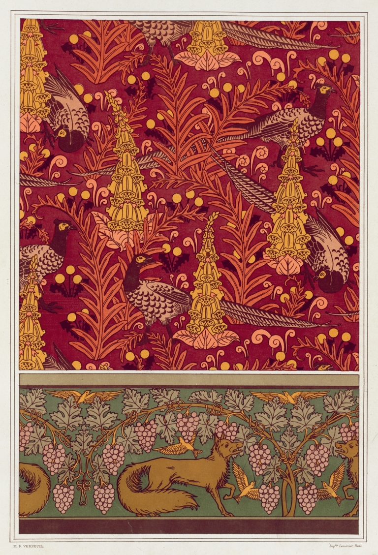 Faisans ordinaires, digitales, fougères et pissenlit, étoffe imprimée. Renard, oiseaux et vigne, bordure. by Maurice Pillard Verneuil