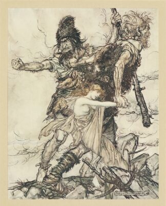 Fasolt suddenly seizes Freia and drags her to one side with Fafner by Arthur Rackham