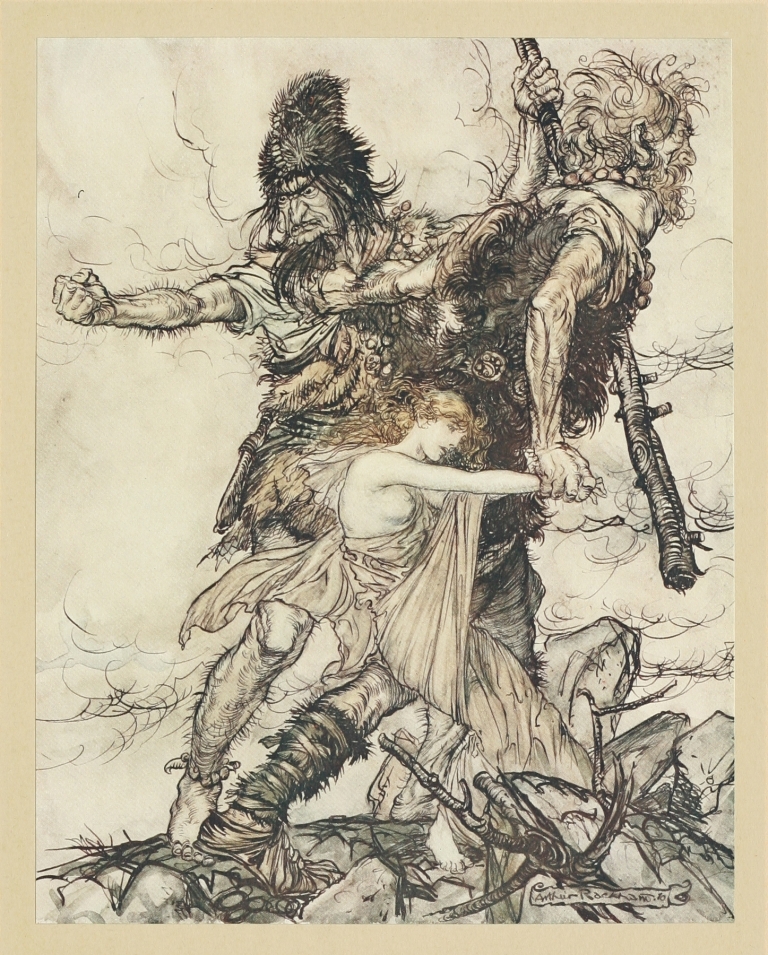 Fasolt suddenly seizes Freia and drags her to one side with Fafner by Arthur Rackham
