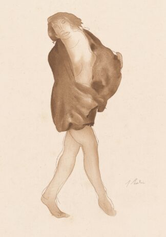 Female nude, standing, brown wrap around shoulders and lower torso by Auguste Rodin