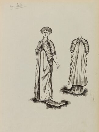 Figure de femme de trois-quart portant un manteau sur robe longue by Anonymous