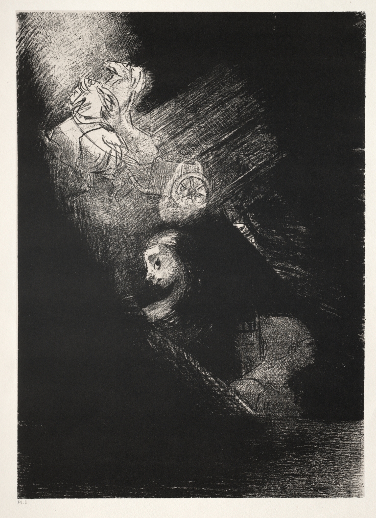 First a Pool of Water, Then a Prostitute, the Corner of a Temple, a Soldier’s Face, a Chariot with Two White, Rearing Horses by Odilon Redon