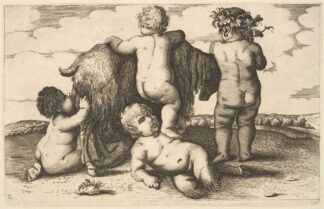 Four boys, a young satyr and a goat. by Wenceslaus Hollar