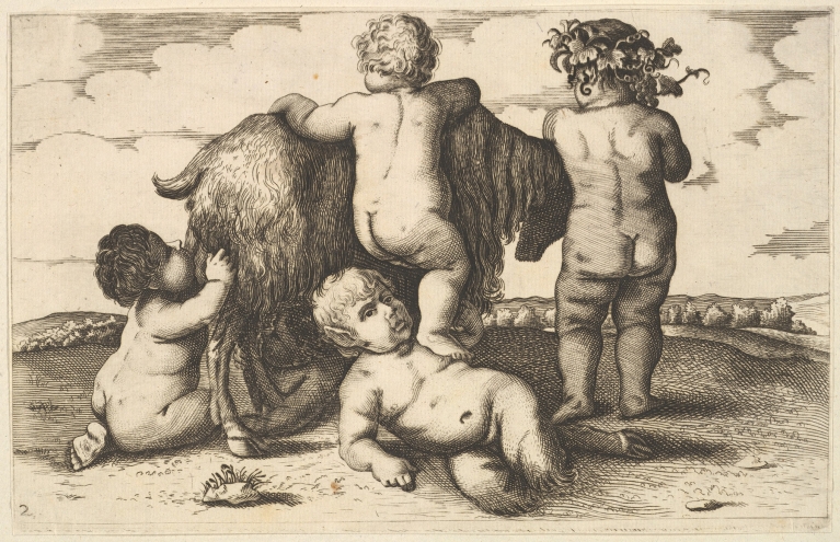 Four boys, a young satyr and a goat. by Wenceslaus Hollar