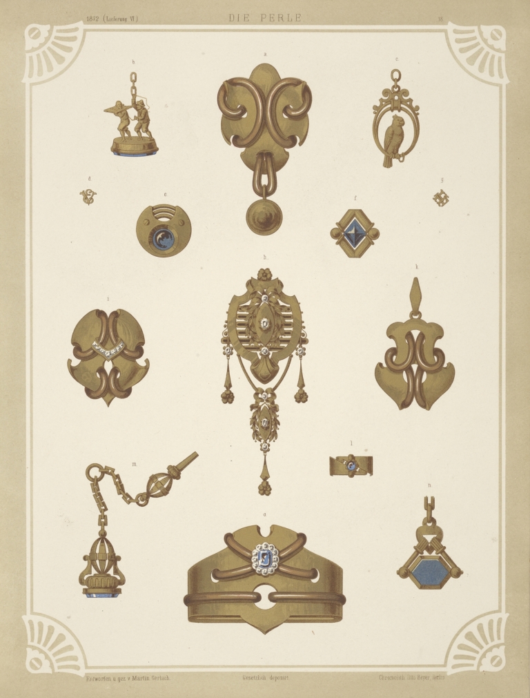 Fourteen Designs For Jewelry, Including Gold Brooches And Pins Containing Blue Stones. by Martin Gerlach