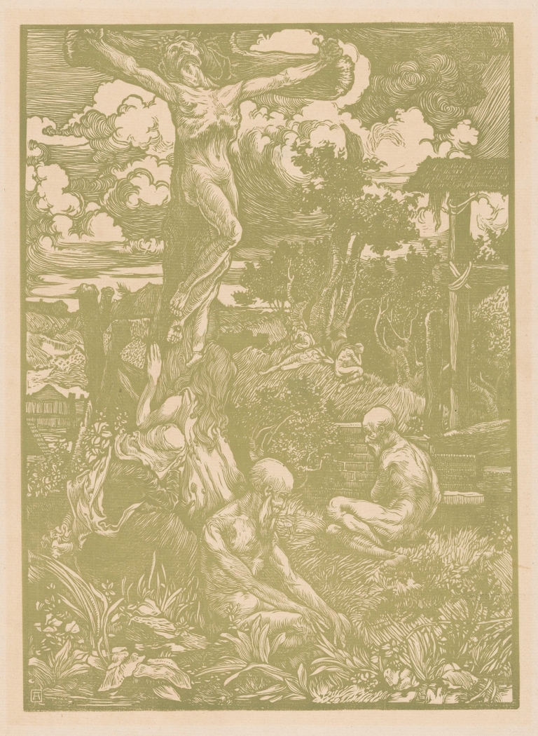 Gekruisigde man in heuvellandschap by Johannes Josephus Aarts