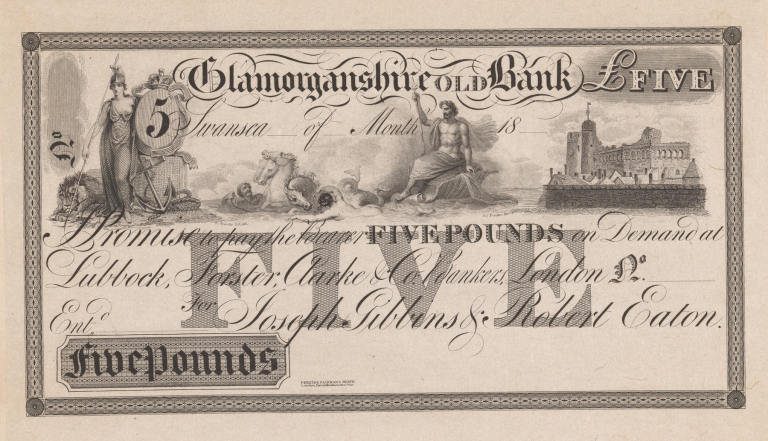 Glamorganshire Old Bank five pound note by Perkins & Heath