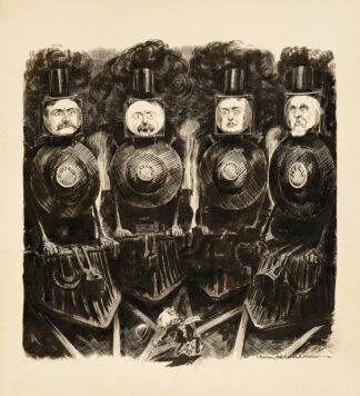 Gould, Harriman, Vanderbilt, and Hill, depicted as trains, about to run over a small man representing the people. by William Henry Walker