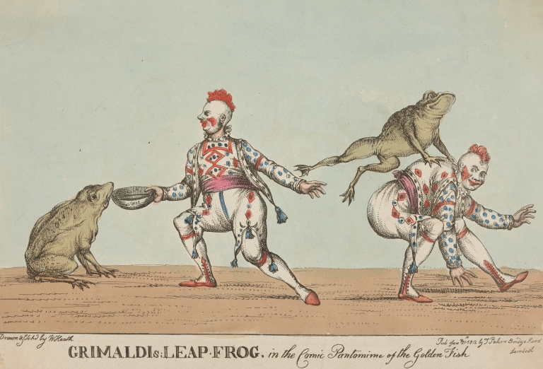 Grimaldi’s leap frog, in the comic pantomime of The Golden Fish. by William Heath