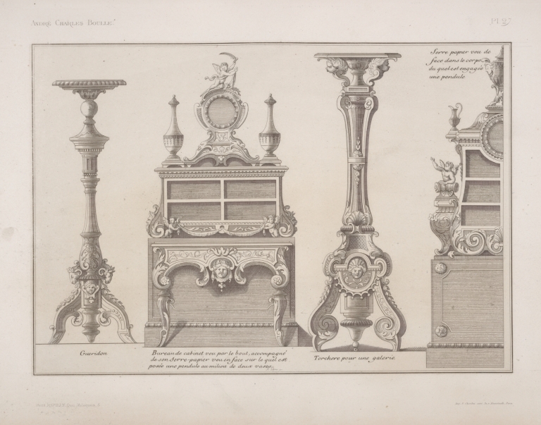Gueridon; bureau de cabinet […]; torchere pour une galerie; serre papier veu de face […] by André-Charles Boulle