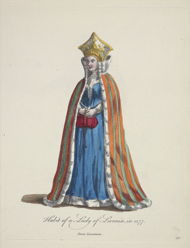 Habit of a lady of Livonia in 1577. Dame Livonienne. by Charles Grignion