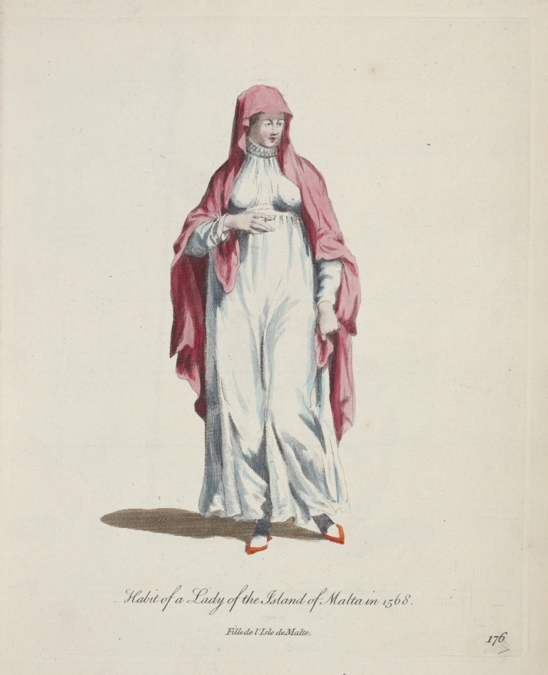 Habit of a lady of the Island of Malta in 1568. Fille de l’Isle de Malta. by Charles Grignion