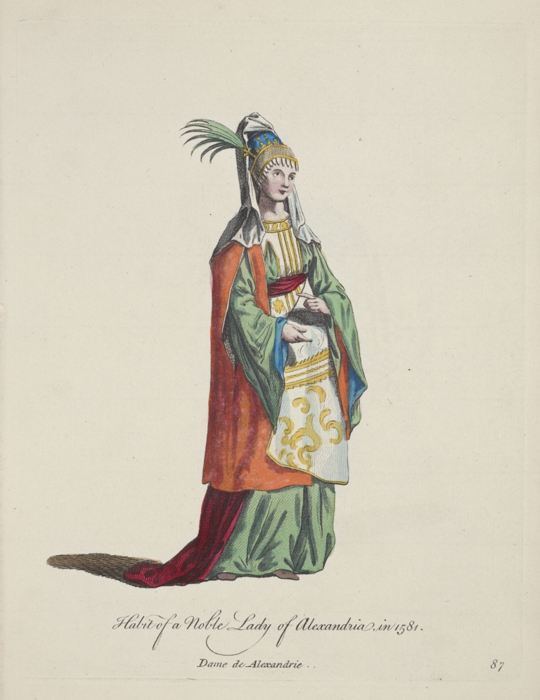 Habit of a noble lady of Alexandria in 1581. Dame de Alexandrie. by Charles Grignion