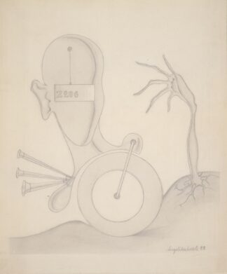 Head with Sign, Hand, Wheel, and Auto Horn by Angelika Hoerle