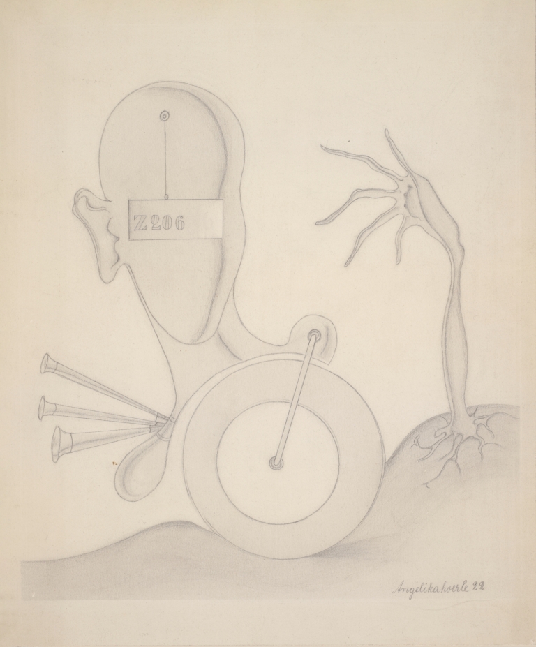 Head with Sign, Hand, Wheel, and Auto Horn by Angelika Hoerle