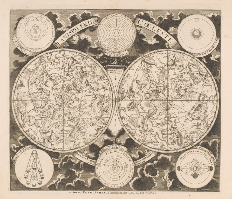 Hemelkaart met de noordelijke en zuidelijke sterrenbeelden Planisphaerium coeleste by Peter Schenk the Elder