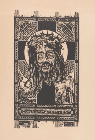 Hoofd van Christus met doornkrans voor een kruis, aanbeden door een man en vrouw by Huib Luns