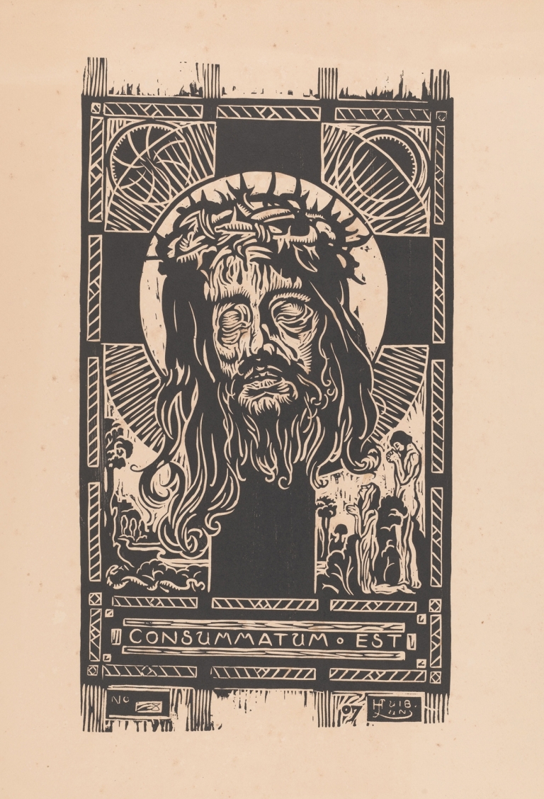 Hoofd van Christus met doornkrans voor een kruis, aanbeden door een man en vrouw by Huib Luns