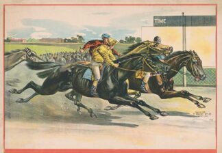 Horses and crossing finish line in a close race by Calvert Litho. Co