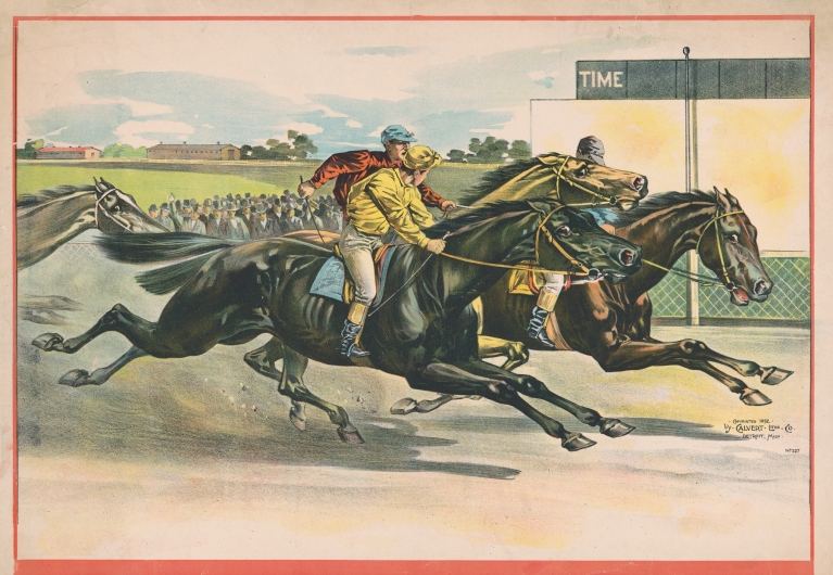 Horses and crossing finish line in a close race by Calvert Litho. Co