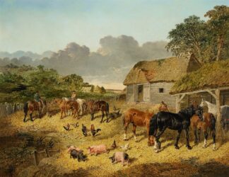 Horses Drinking from a Water Trough with Pigs and Chickens in a Farmyard by John Frederick Herring Jr.