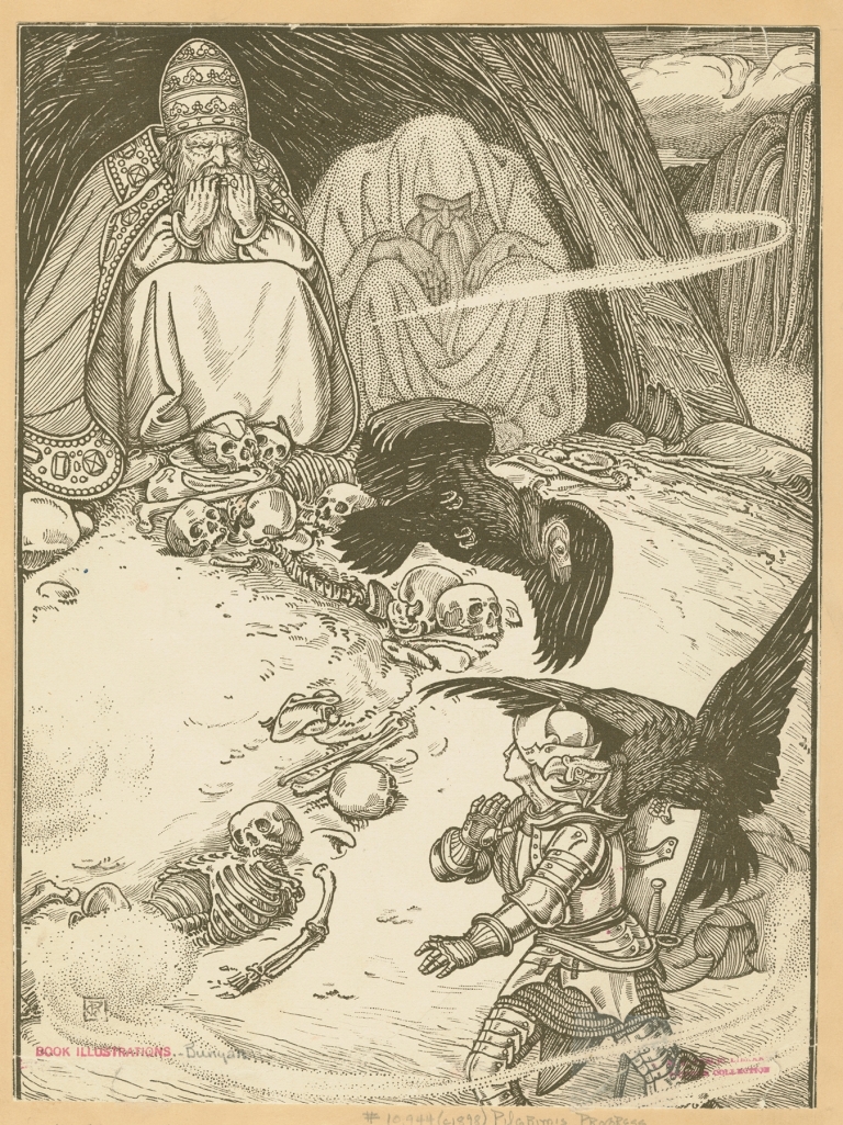 I espied a little before me a cave, where two giants, pope and pagan, dwelt. by George Woolliscroft Rhead